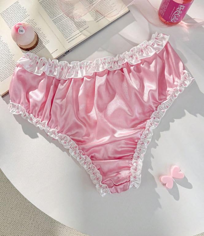 Satin Frilly Ruffle Briefs, Pink, Polka Dot Trim with Bow Detail, Sissy Knickers Style, Size XL 16-18
