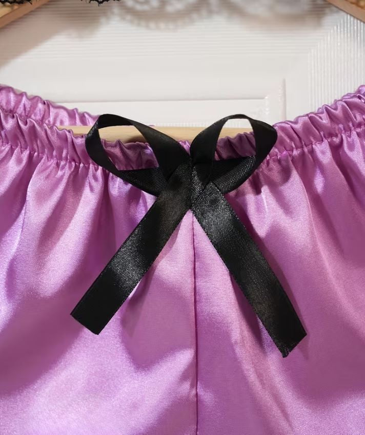 Silky feel purple satin black lace trim 4 piece lingerie set size 16-18 (XL)