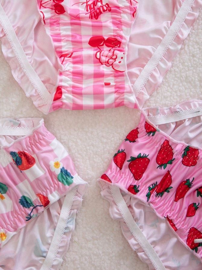 Sexy soft silky feel satin knickers side ties fruity frill trim UK 8 / S sissy