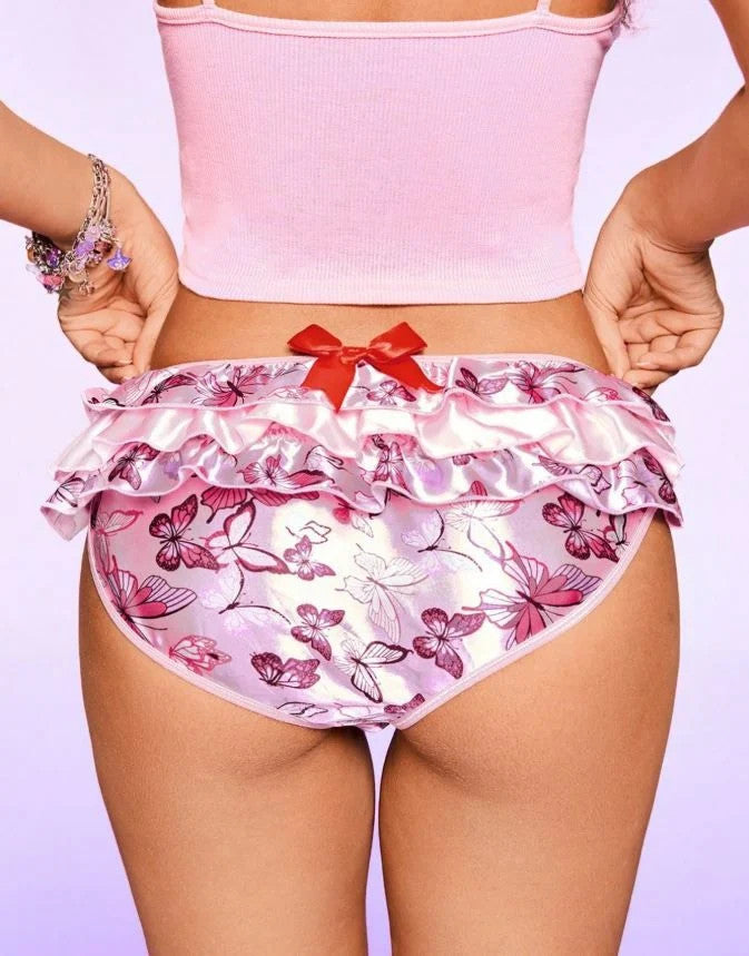 pink soft silky feel satin panties knickers sissy butterflies print size 10 (M)