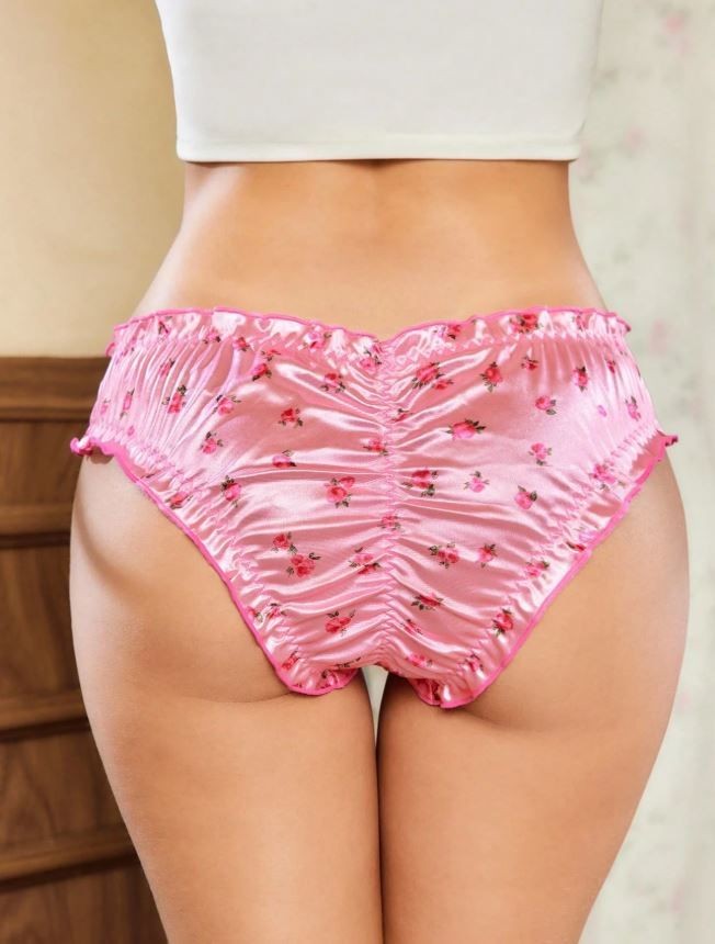 Silky feel Satin Floral Knickers Briefs pink lettuce trim sissy size 16-18 / XL