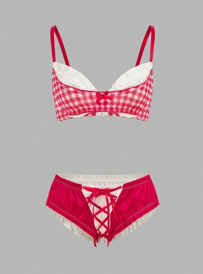 💖Women’s Red Gingham Lingerie Set Satin silky feel Bra Knickers size L UK 12-14
