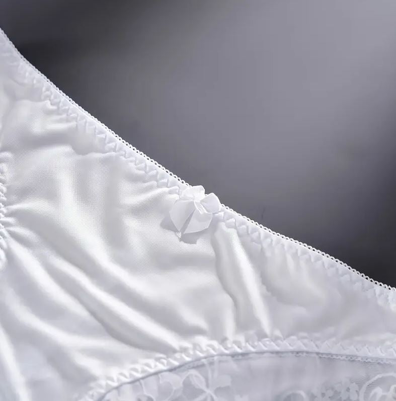 Women's white soft satin panties lace detail knickers gently ruched on bum