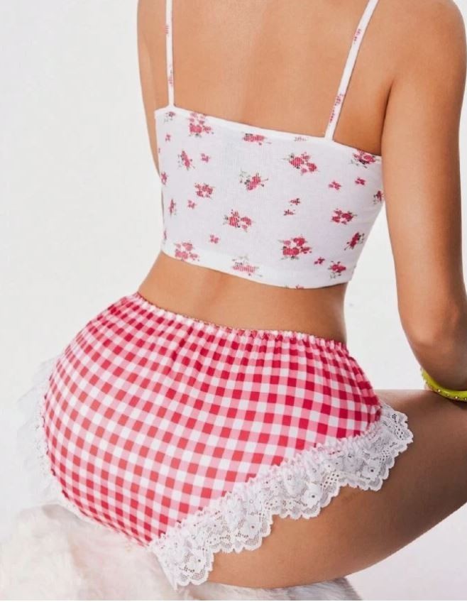 Gingham satin silky Panties Bow and lace trim Detail Knickers size L UK 12-14