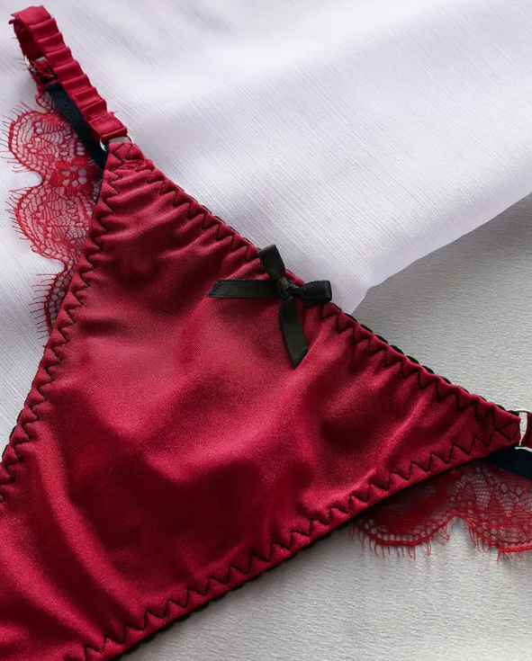 Seamless Floral Lace Trim Bow Decor Satin Thongs romantic panties sissy bridal