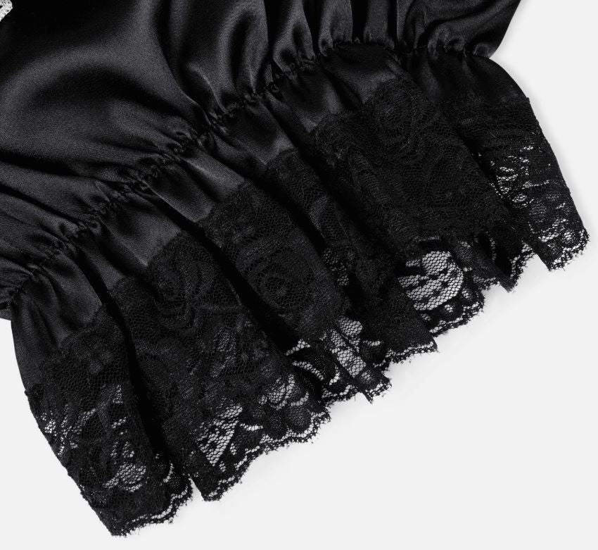 Silky satin bloomers black shorts pants ruffled lace trim sissy size S / UK 8