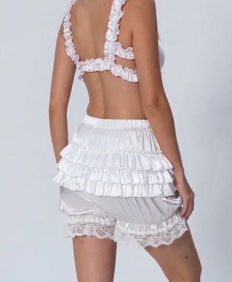 Silky satin bloomers white shorts pants ruffled touch of lace sissy size M/UK 10