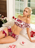 Sexy Rose Print Lingerie Set Off-Shoulder Crop Top panties Garter size L 12-14