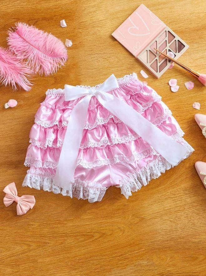 Stunning luxury silky feel satin pink bloomers panties knickers ruffles L/ 12-14