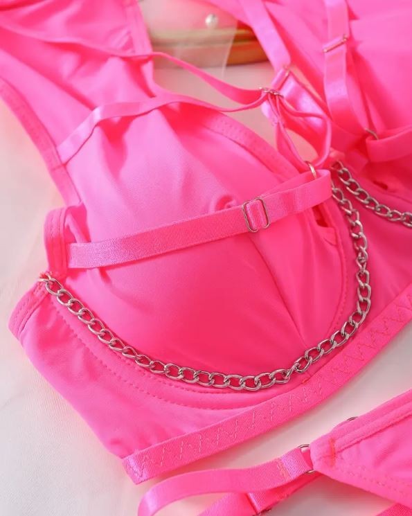 HOT! trendy lingerie 5-piece set soft silky feel satin chain detail women sissy