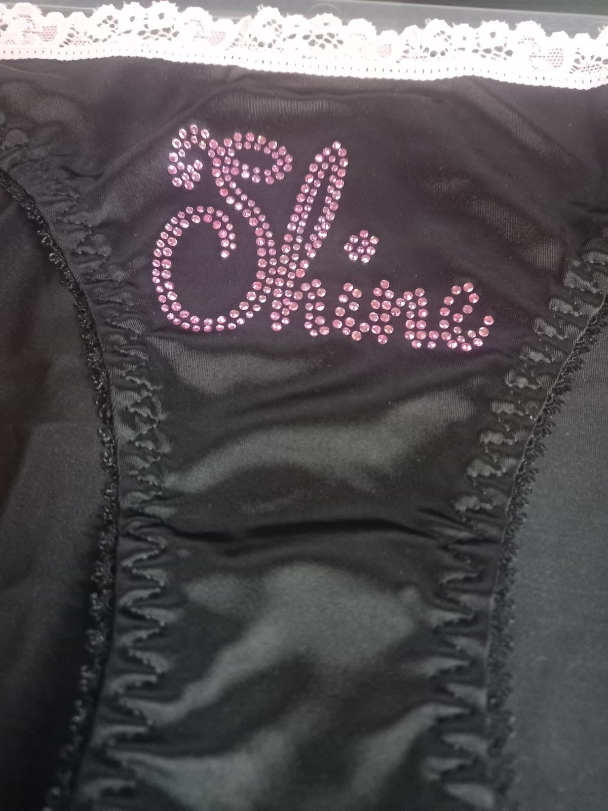 Women's black soft silky feel satin tanga panties SHINE print sissy size 10 (M)