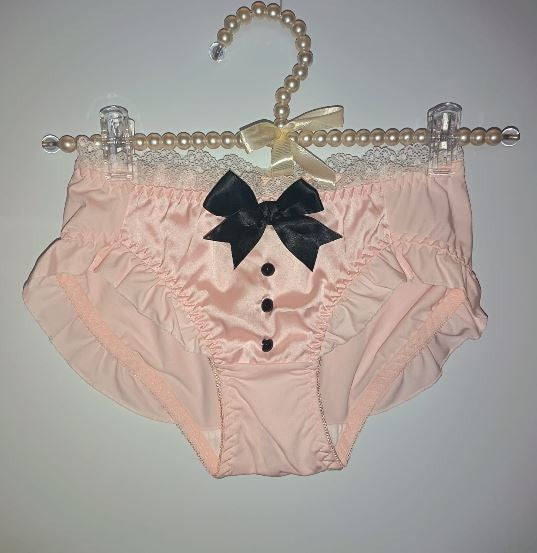 Pink Satin Frilly Knickers Lace Trim Bow Detail buttons detail size L 10-12
