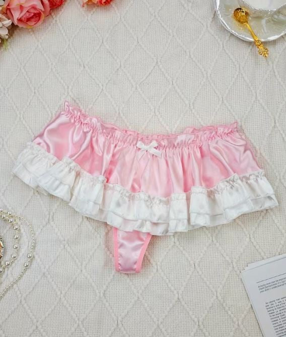 Women Pink Satin Ruffle Skirt Panties Bow Frill Lingerie knickers size 10  M
