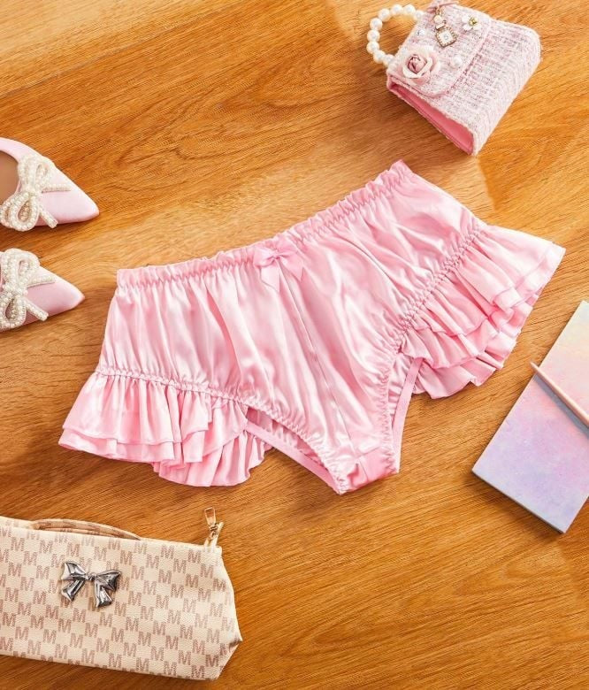 Pink Satin Ruffle Panties High Waist Elastic Bow Detail silky feel L UK 12-14
