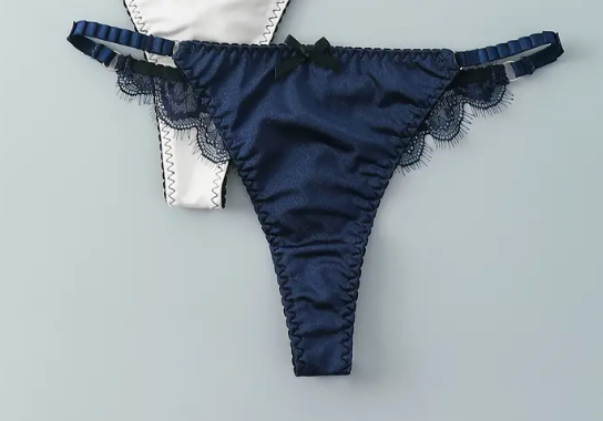 Seamless Floral Lace Trim Bow Decor Satin Thongs romantic panties sissy bridal
