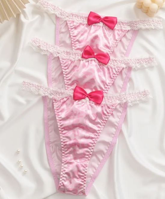 Stunning women's soft silky feel satin knickers tanga lace trim panties pink