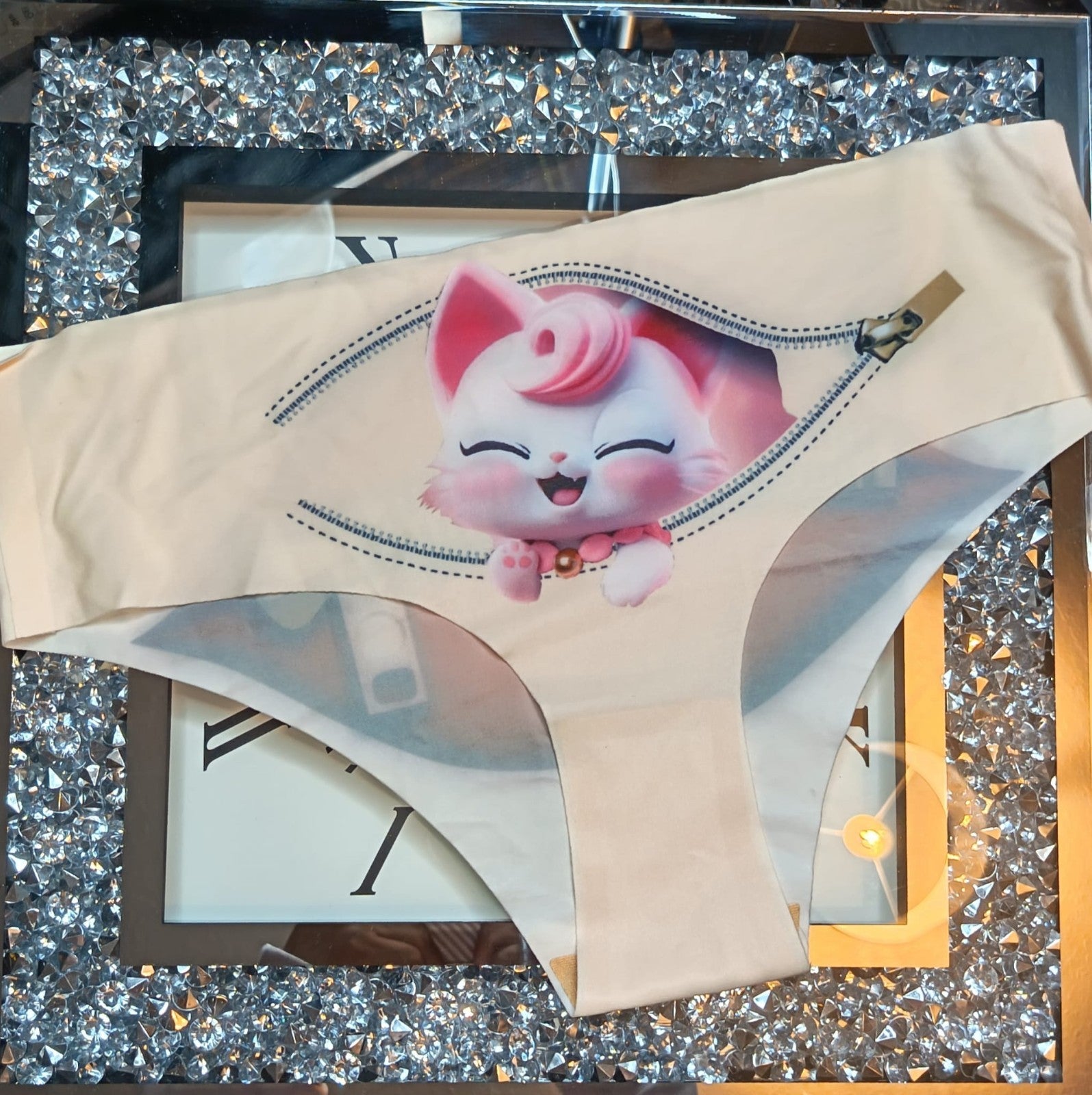 Womens silky feel satin panties seamless 3D cartoon print size M to L - 10/12/14