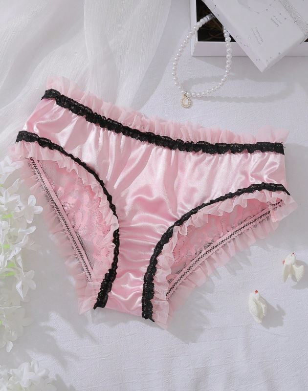 Ladies pink silky feel satin knickers lace trim lace detail full bum sissy