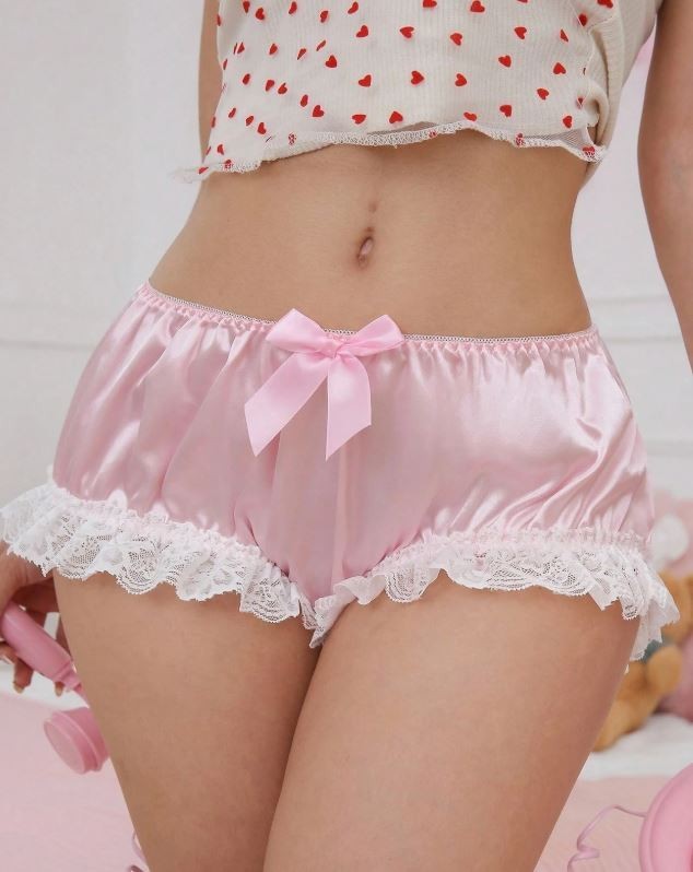 Women's pink satin knickers silky feel zip detail ruffles lace panties sissy