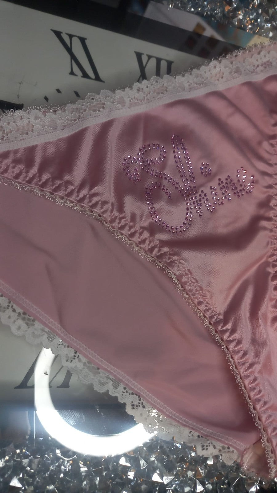 Women's pink soft silky feel satin tanga panties SHINE print sissy size 10 (M)