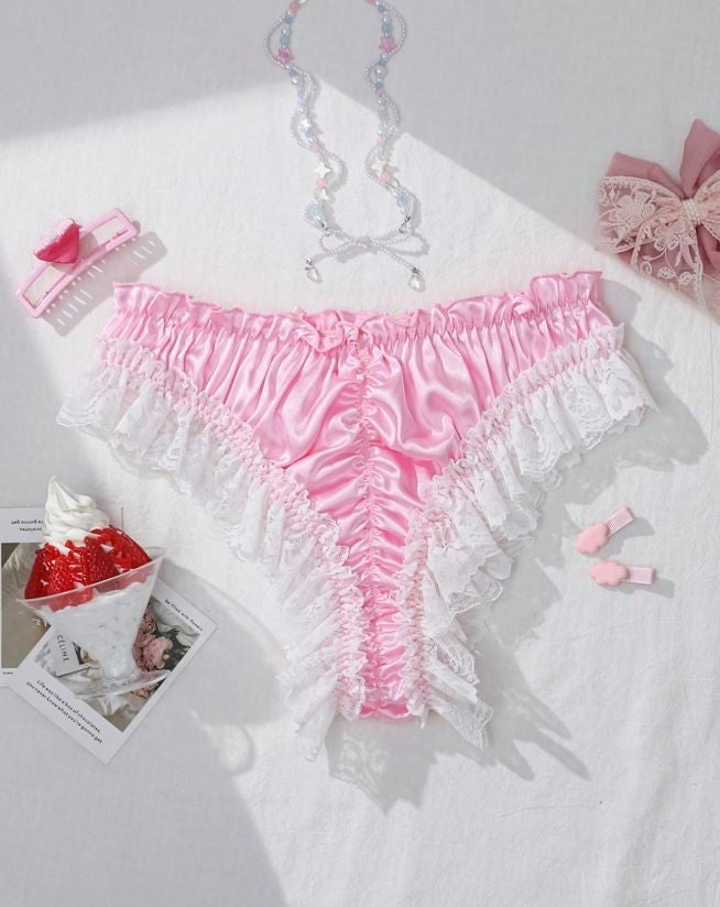 Women's silky feel pink satin panties ruched bum knickers lace trim size 8 (S)