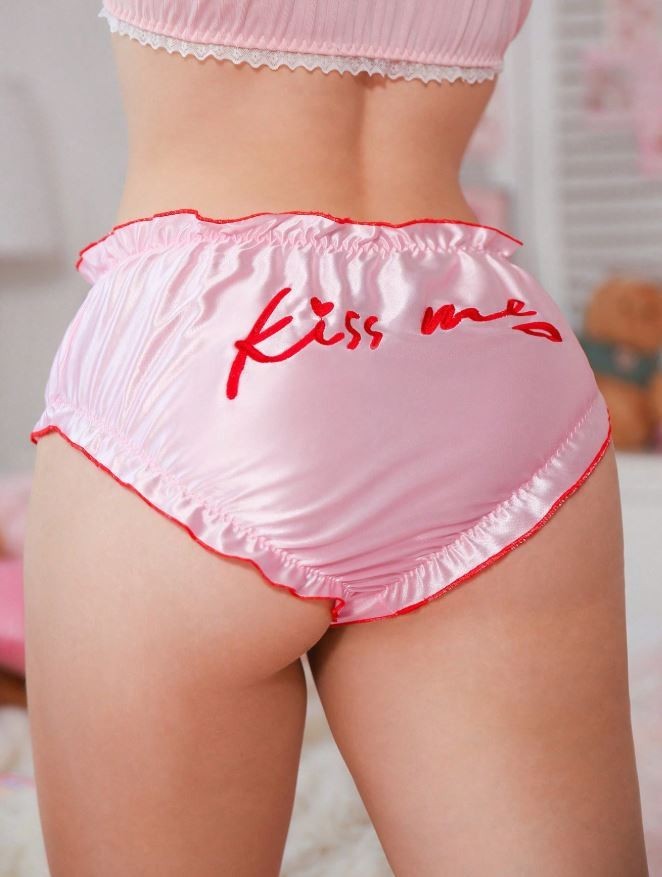 Silky feel KISS ME panties satin knickers PINK bow lettuce trim size 8 / Small