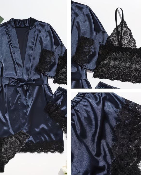 Silky feel navy blue satin black lace trim 4 piece lingerie set size 24-26 (3XL)