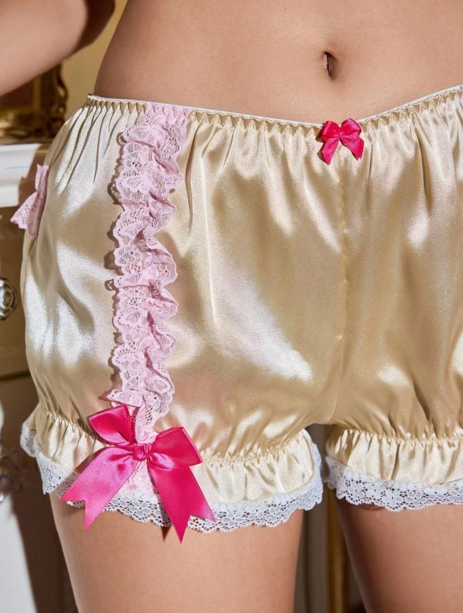 Stunning luxury silky feel satin yellow bloomers panties knickers ruffles M / 10