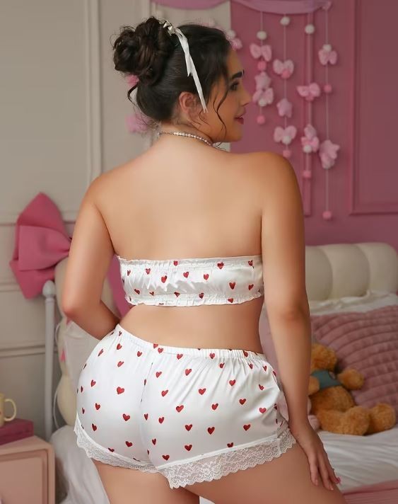 Satin Heart Print Lingerie Set Bandeau Bra Shorts Lace silky plus size XXL 20-22