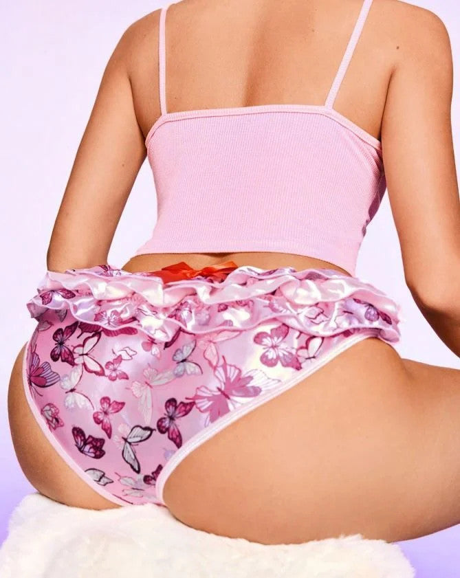 Pink soft silky feel satin panties knickers sissy butterfly print size 8 (S)
