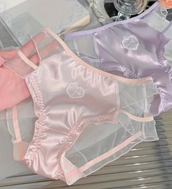 3 Pack Women's stunning satin / mesh knickers heart detail lace trim sissy CD TV