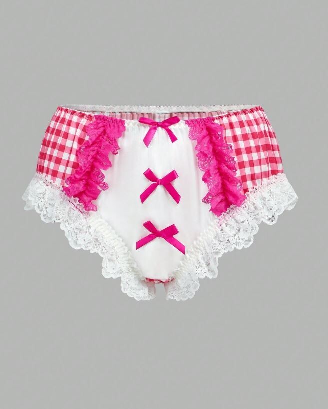 Womens elegant silky feel satin checkered knickers lace trim bow decor full bum