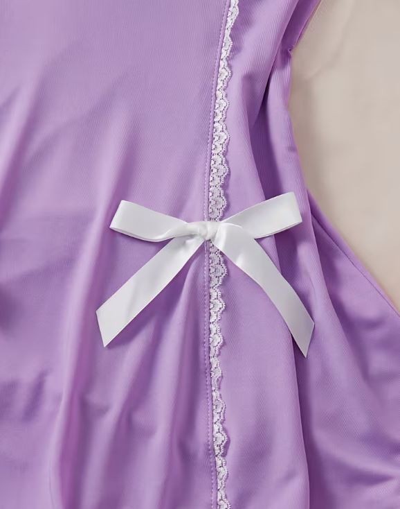 Women’s Lilac Satin Babydoll Nightdress Lace Trim Bow Chemise Lingerie size S 8