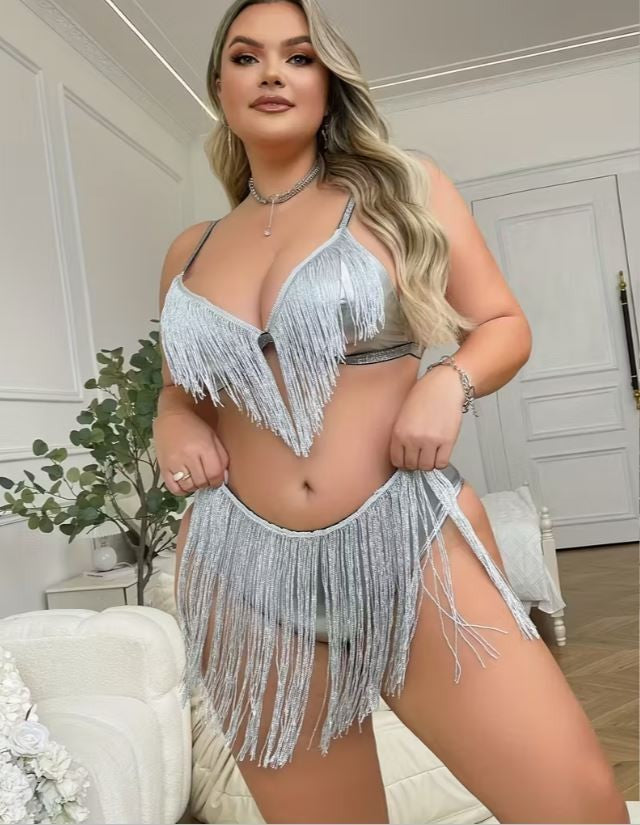 PVC feel Silver Fringe Lingerie Set Women Tassel Bra knickers Plus Size 2XL 20