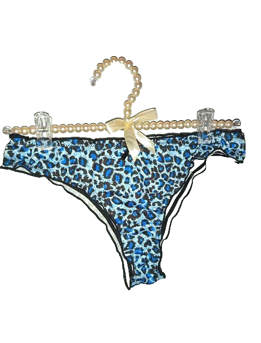 Women Blue Leopard Print Thong satin Knickers soft to skin Bow size 8 S