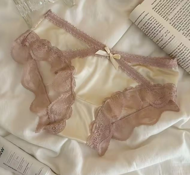 Women's silky feel satin cream panties knickers lace bum trim sissy size 12 (L)