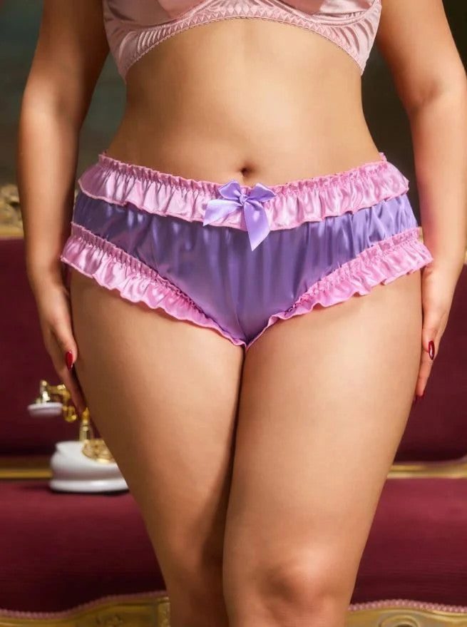 Silky feel lilac satin panties ruched bum knickers pink trim size UK 16-18 / XL