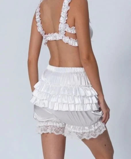 Silky satin bloomers WHITE shorts pants ruffled touch of lace sissy size S/UK 8