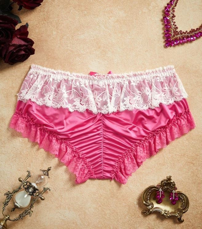Ice silky feel knickers satin pink panties ruffles bow ruched sissy 22 (3XL)