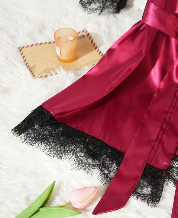 Silky feel deep red satin black lace trim 4 piece lingerie set size 8 / S