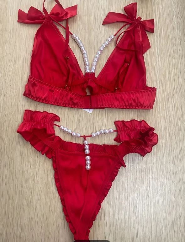 Women two piece red set soft silky feel satin beaded bra and knickers sissy M 10