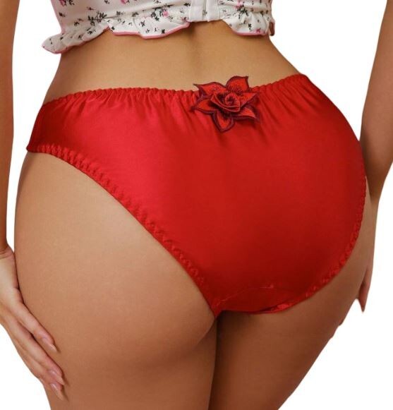 Woman's red panties floral 3D rose detail soft silky feel satin sissy CD TV