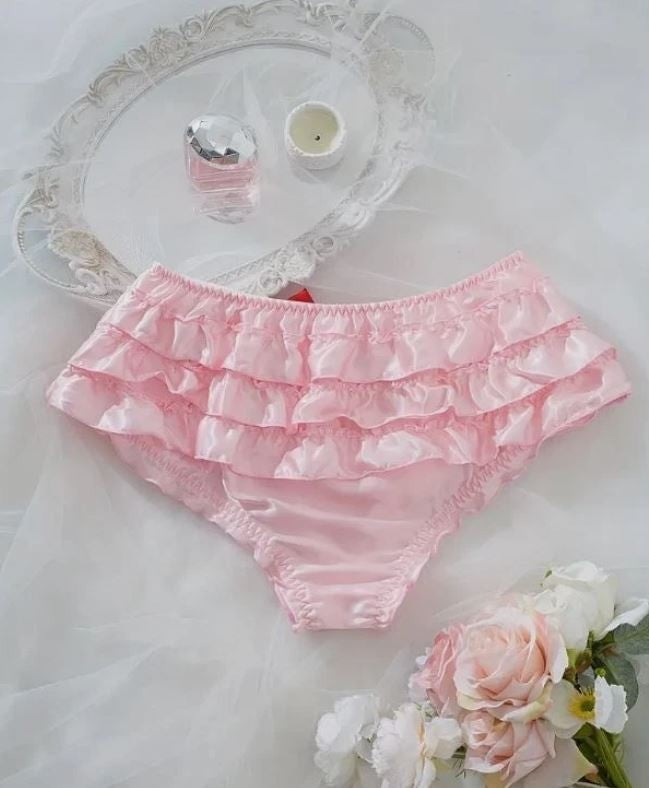 Women pink silky feel satin knickers ruffles red bow panties sissy CD size 10  M