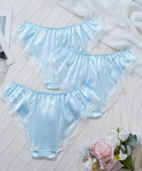 1x Womens stunning silky feel blue satin French panties lace trim sissy glossy