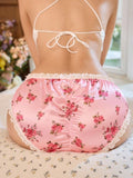Women's silky feel floral satin panties ruched bum knickers lace trim size 8 (S)