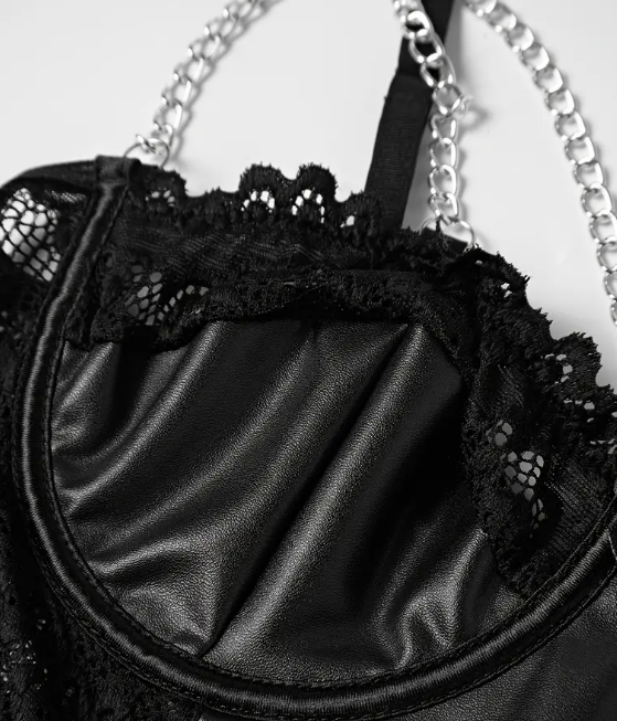 Sexy Lace & Faux Leather Bralette Chain Detail corset in black sissy CD TV