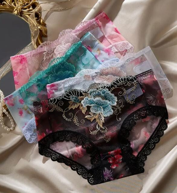 Women's sexy lace embroidered semi-sheer panties floral knickers