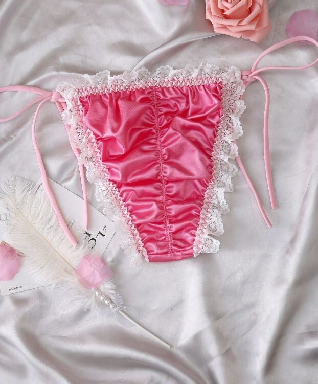 Women's delicate soft silky feel satin knickers side ties comfort sissy ruched