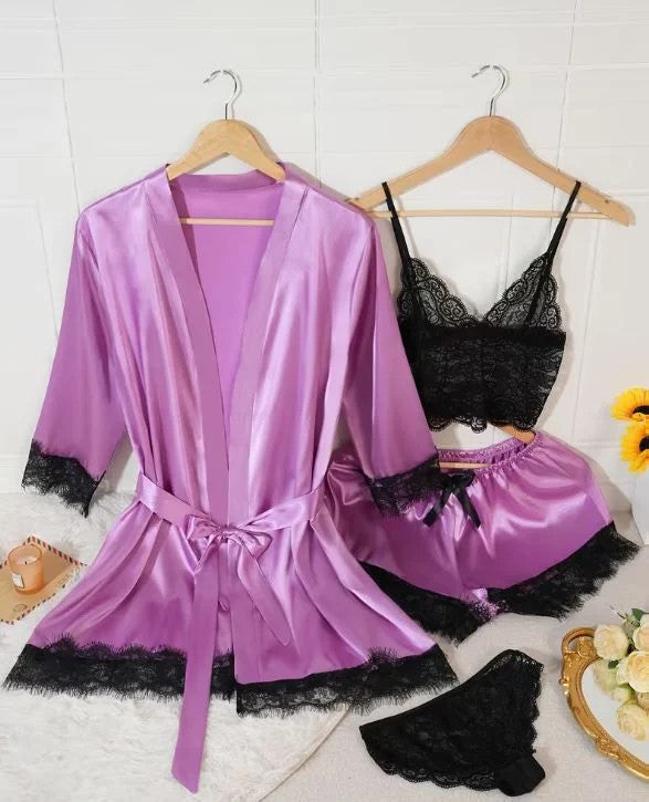 Silky feel purple satin black lace trim 4 piece lingerie set size 18-20 (2XL)