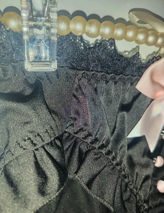 Black Satin Frilly Knickers Lace Trim Bow Detail buttons detail size XL 12-14